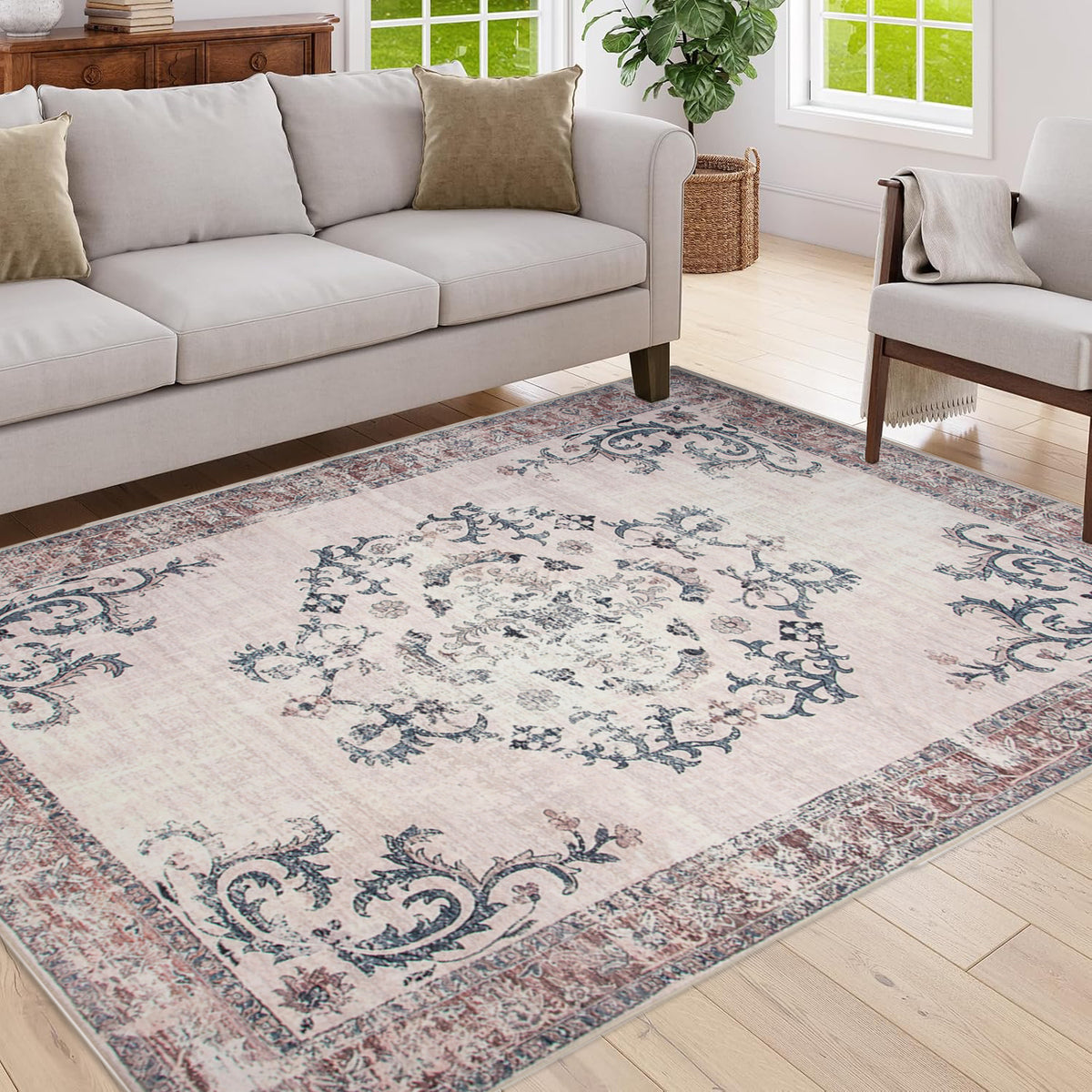 Vintage Bohemian Living Room Area Rug 5x7, Non-Slip Machine Washable Rug, Traditional Persian Area Rug, Non-Shedding Floor Carpet for Bedroom Dining Room Kitchen Entrance-W2907P265038