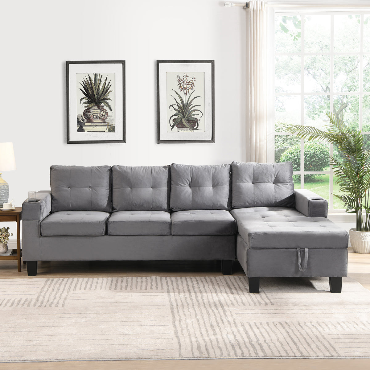 Sectional Sofa Set for Living Room with L ShapeChaise Lounge ,cup holder andRightHand with Storage ChaiseModern 4 Seat (Grey) --RIGHT CHAISE WITH STORAGE K214S00003-djyc