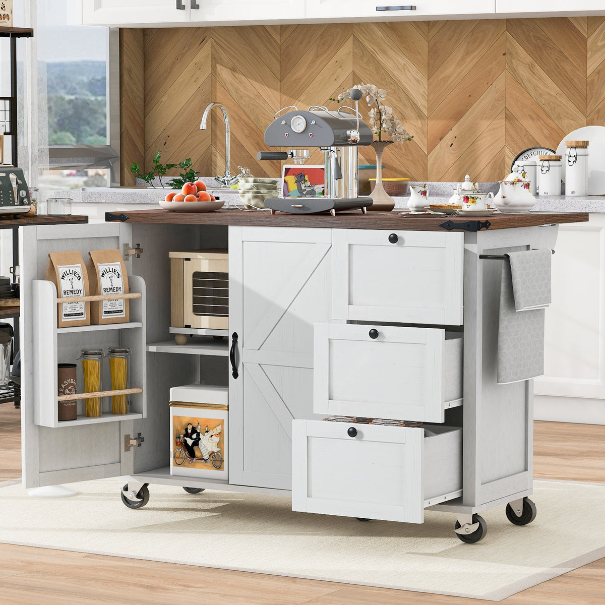 K&K 54.5" Farmhouse Kitchen Island with Power Outlet, Kitchen Storage Islandwith Internal Storage Rack, Drop Leaf, Spice Rack, Rolling Kitchen Cart on Wheels, for Home, Kitchen and Dining Room,White N707P170349W-djyc