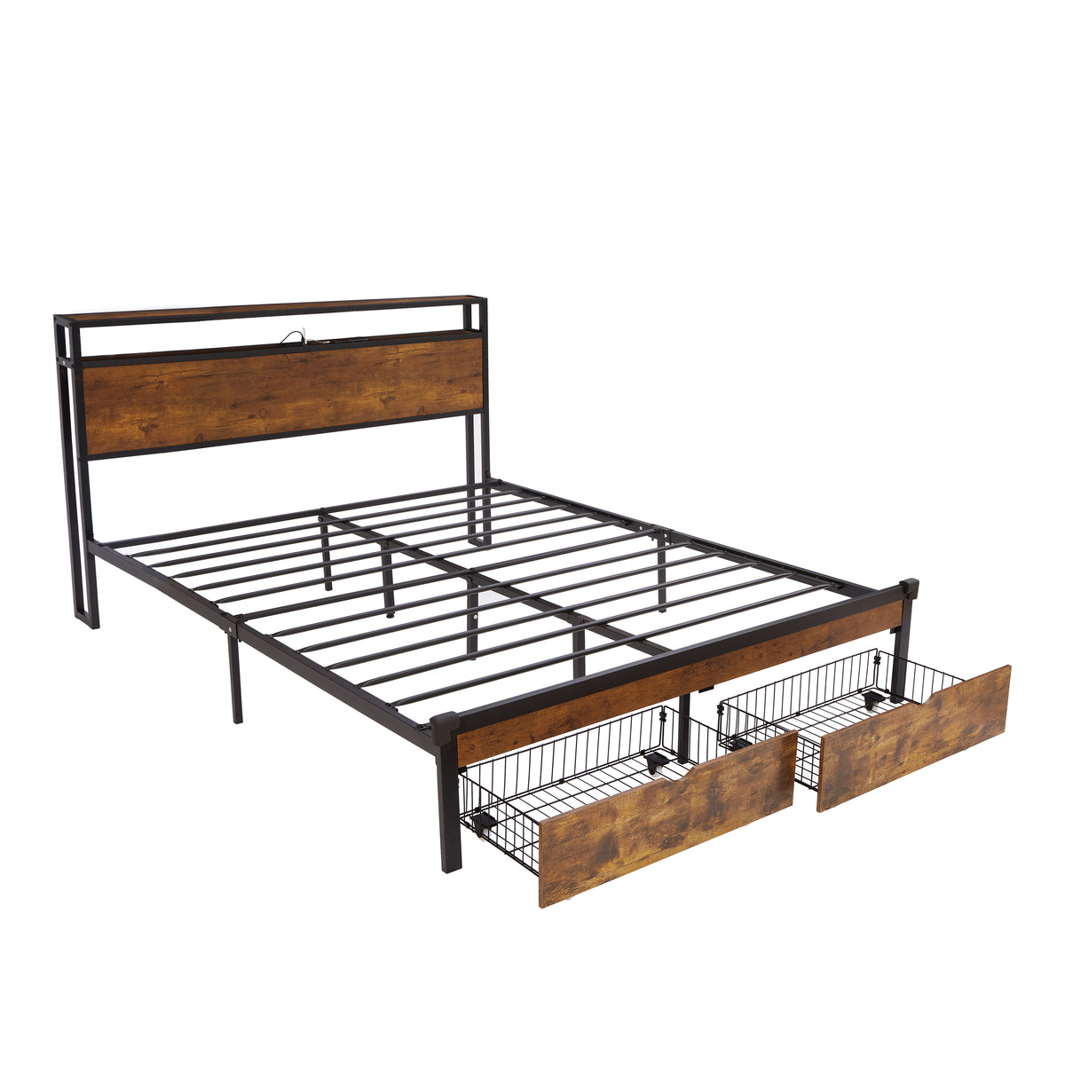 King Size Metal Platform Bed Frame with Wooden Headboard and Footboard with USB,Charging Station,2 Drawers,LED Lights, No Box Spring Needed, Easy Assemble W311S00044-djyc