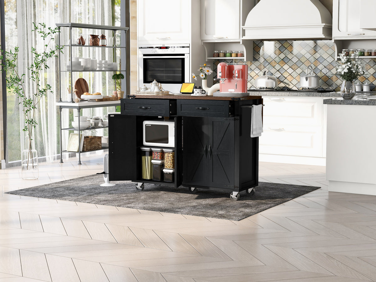 K&K 53.5''Farmhouse Kitchen Island with Power Outlet, Kitchen Storage Island with Drop Leaf, Spice Rack and Drawer, Rolling Kitchen Cart on Wheels, for Home, Kitchen and Dining Room, Black N707P170348B-djyc