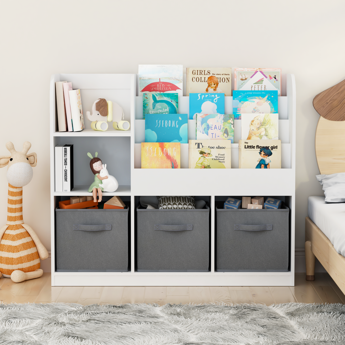 Kids Bookcase and Bookshelf, Multifunctional Bookcase with 3 Collapsible Fabric Drawers, Bookcase Display Stand, Toy Storage Organizer for Bedroom, Playroom, Hallway (White/Gray) W808127602-djyc