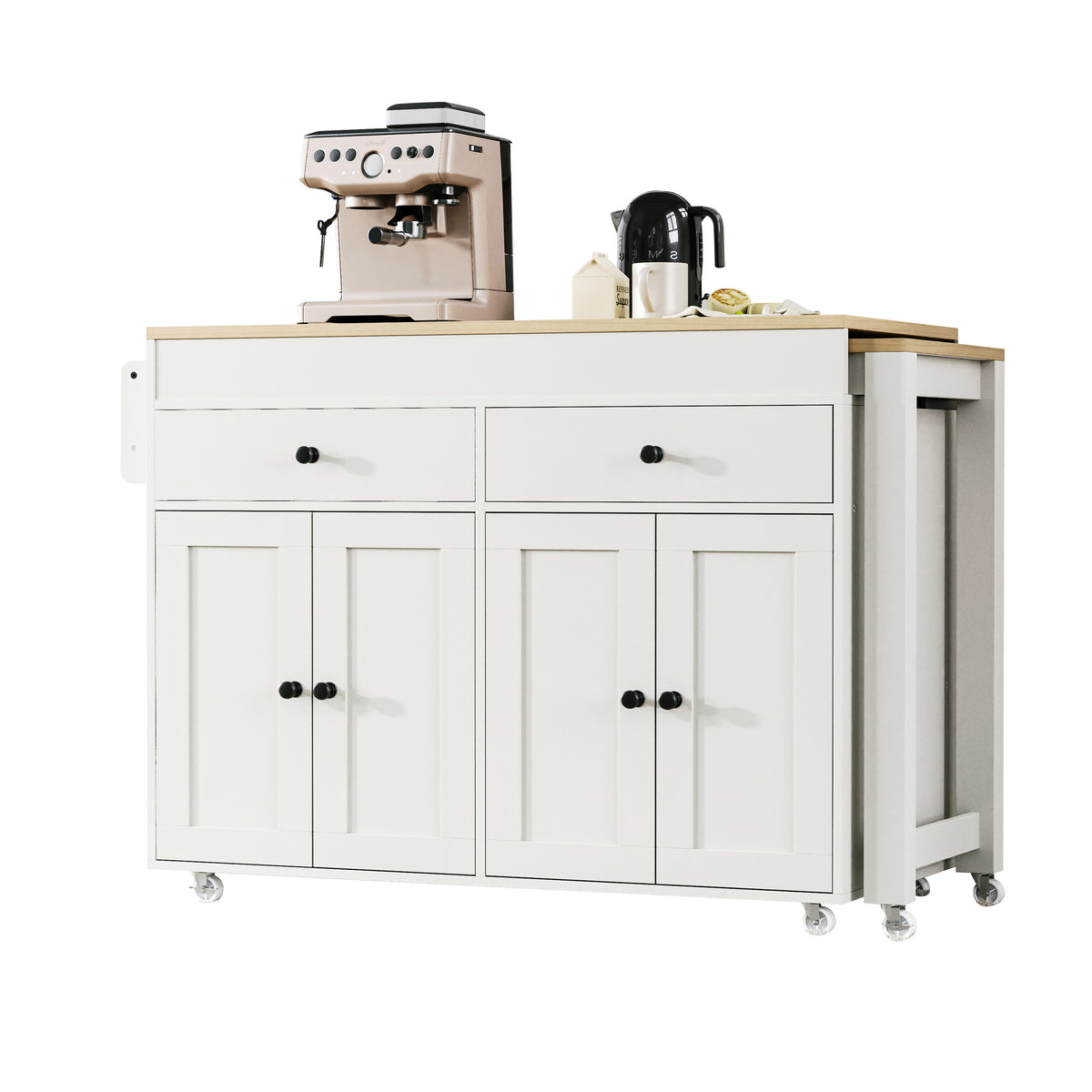 K&K 74.5 inch Kitchen Island with Extendable Dining Table , Rolling Kitchen Island on Wheels with Spice Rack and 2 Drawers,Kitchen Storage Cart with 4 Door Cabinet, for Kitchen, Dining Room, White N707S000009W-djyc