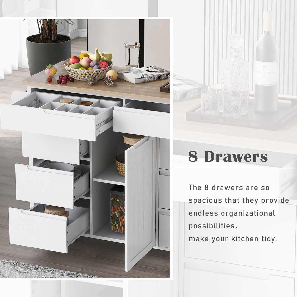 K&K Store Kitchen Cart with Rubber Wood Countertop , Kitchen Island has 8 Handle-Free Drawers Including a Flatware Organizer and 5 Wheels for Kitchen Dinning Room, White SK000002AAW-djyc