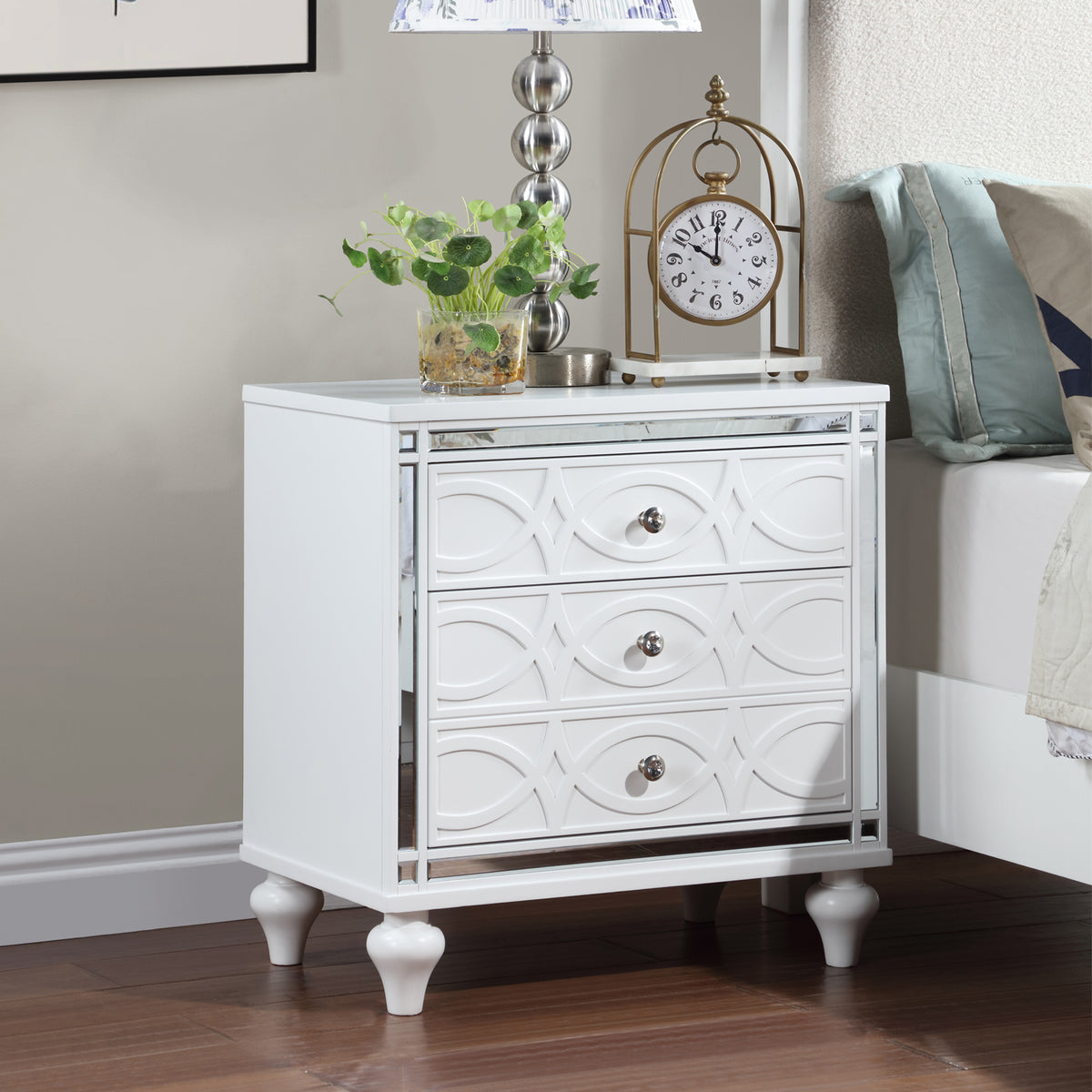 Contemporary Nightstands with mirror frame accents, Bedside Table with two drawers and one hidden drawer, End Table with Crystal Pull for Living Room,Bedroom, White W1998131732-djyc