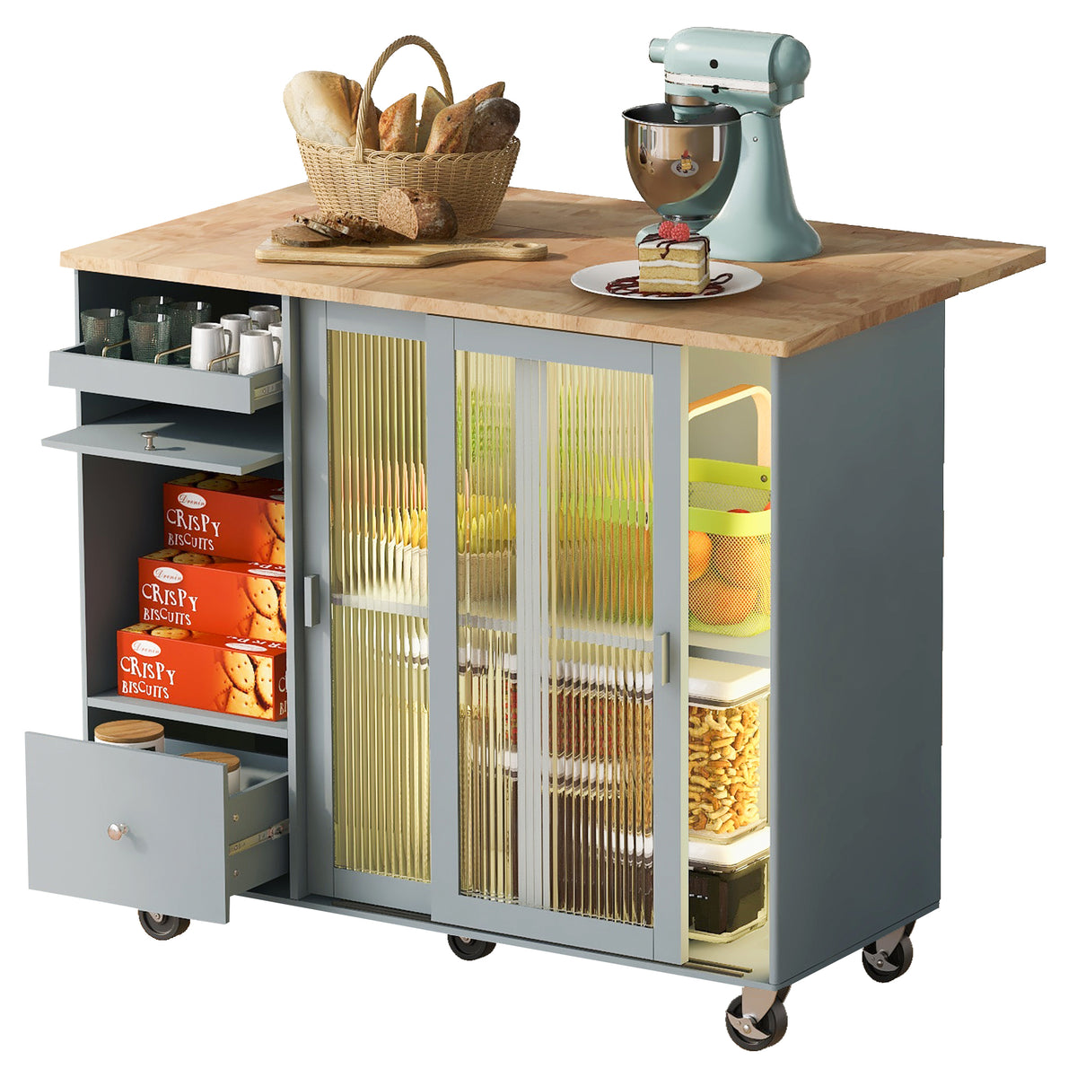 Kitchen Island with Drop Leaf, LED Light Kitchen Cart on Wheels with 2 Fluted Glass Doors and 1 Flip Cabinet Door, Large Kitchen Island Cart with an Adjustable Shelf and 2 Drawers (Grey Blue) WF311171AAG-djyc