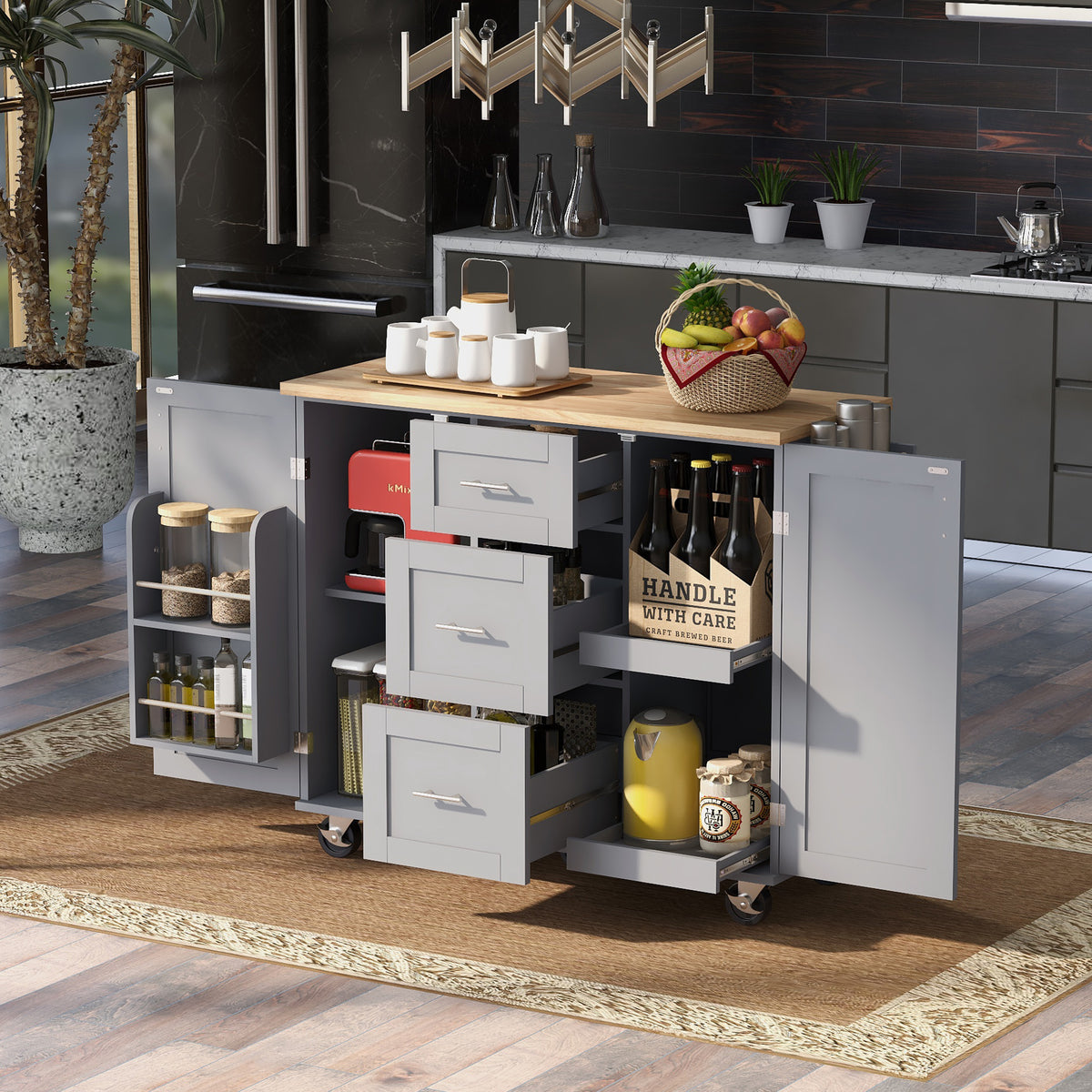 K&K Rolling Kitchen Island with Storage, Kitchen Cart with Rubber Wood Top, 3 Drawer, 2 Slide-Out Shelf and Internal Storage Rack, Kitchen Island on Wheels with Spice Rack & Tower Rack, Grey Blue WF316599AAG-djyc