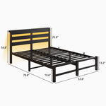 Full Size Metal Bed Frame with Wooden Headboard, RGB Lights, Outlets & Charger, Storage Shelf, Noise-Free, No Box Spring Needed W840P209906-djyc