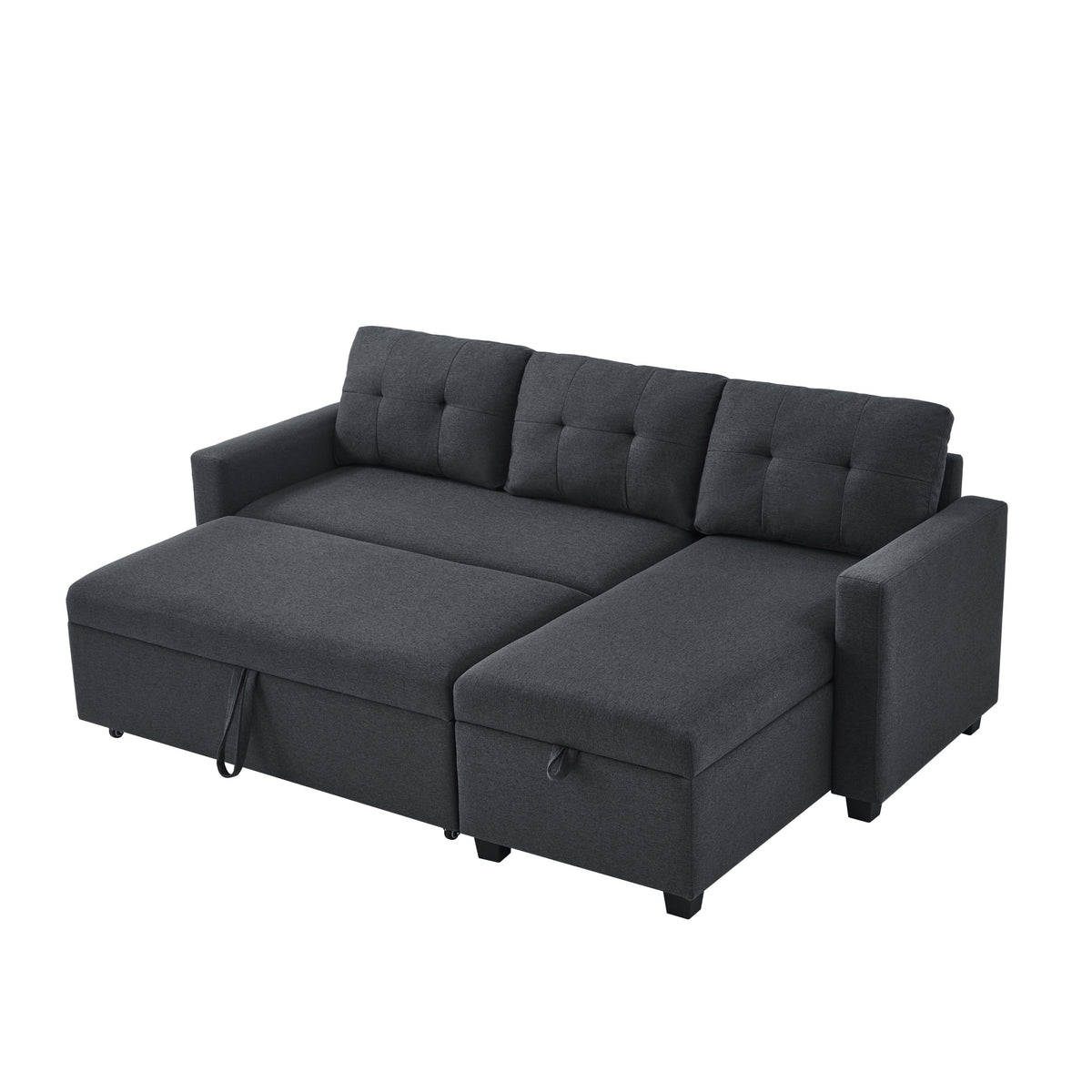 Upholstered Pull Out Sectional Sofa with Storage Chaise, Convertible Corner Couch, Dark Grey W2336S00012-djyc