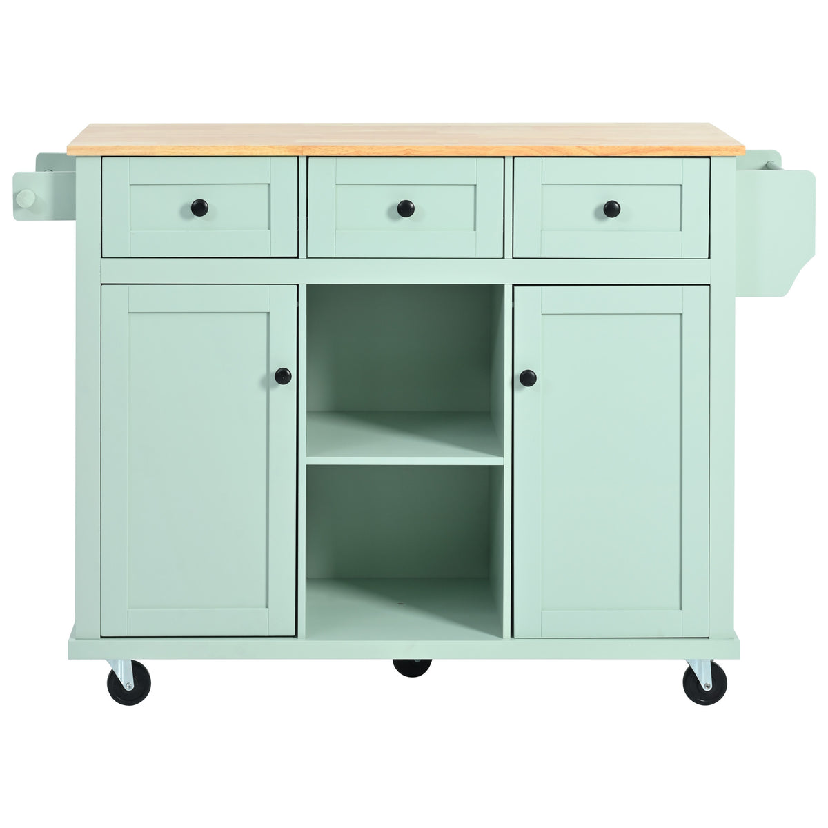 Kitchen Cart with Rubber wood Drop-Leaf Countertop ,Cabinet door internal storage racks,Kitchen Island on 5 Wheels with Storage Cabinet and 3 Drawers for Dinning Room, Mint Green WF298028AAE-djyc