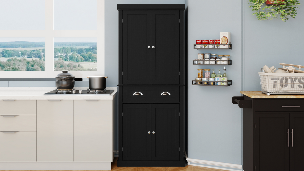 71" Kitchen Pantry Storage Cabinet , with 4 Doors, Drawer, 2 Adjustable Shelves, Freestanding Cupboard for Dining Room Living Room, Laundry-Black W282S00032-djyc