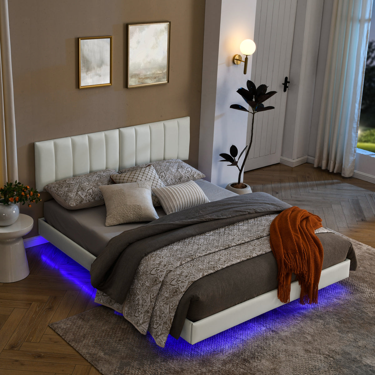 Queen Floating Bed Frame with LED Lights and Wall Mounted Headboard Modern Low Profile Led Platform Bed Frame Queen Size Faux Leather Upholstered Platform Bed Frame,No Box Spring Needed,White W487P169721-djyc