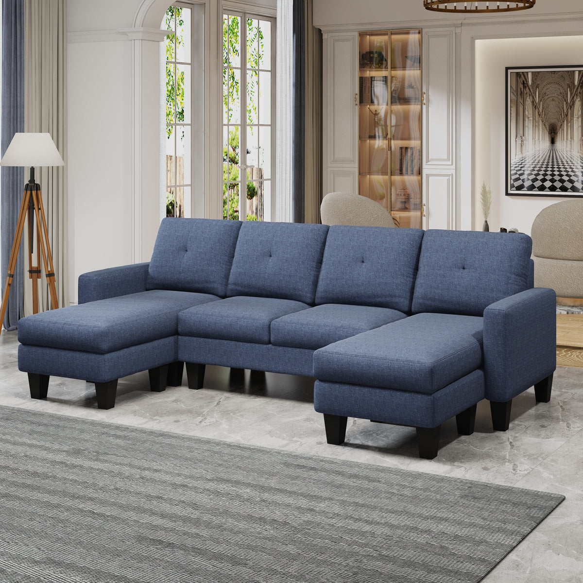 U-Shaped Sofa Coch 4-Seat Sofa with Chaise Polyester Fabric for Living Room Apartment Office (Blue) W1669S00004-djyc