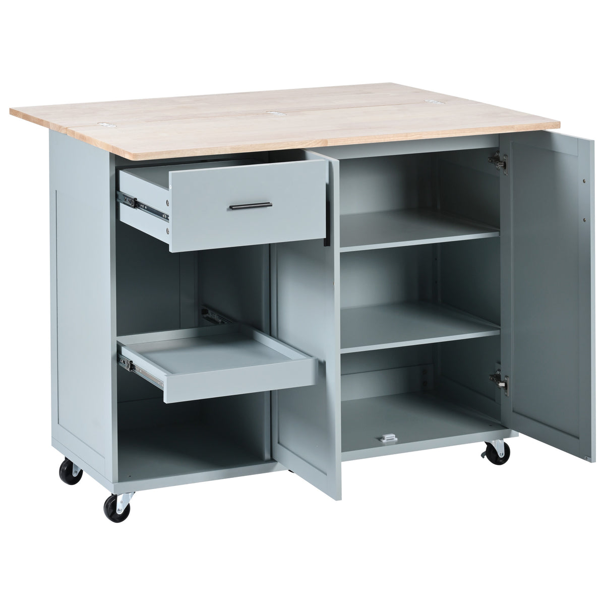 K&K Kitchen Island with Foldable Counter Top, Kitchen Storage Cart with Slide-Out Shelf, Towel Rack and Drawer, Rolling Kitchen Cart on Wheels, for Kitchen, Living Room, Dining Room, Grey Blue N707P173036G-djyc