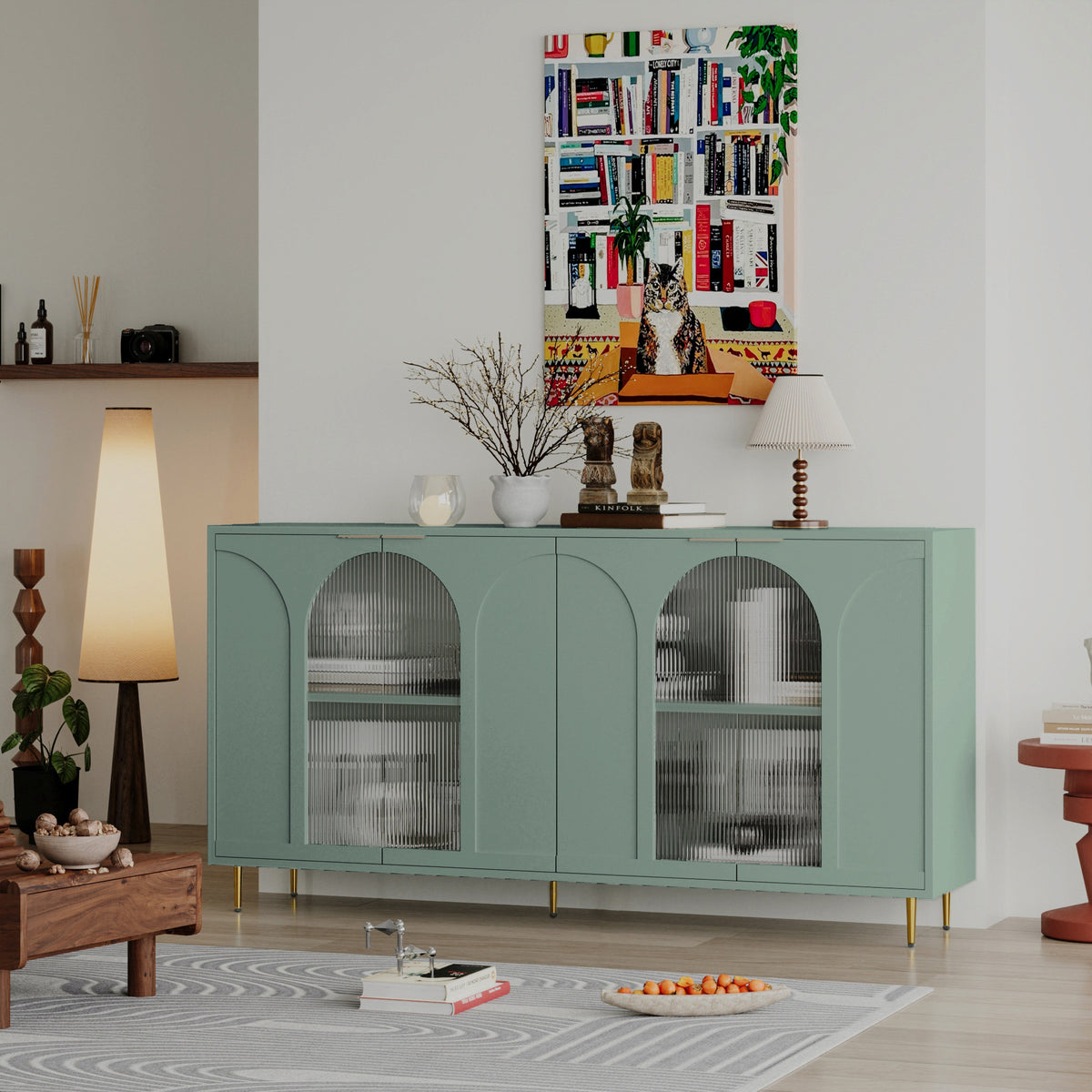 Accent Cabinet Lacquered Wooden Cabinet with 4 Glass Doors Sideboard Buffet Server Cabinet Storage Cabinet, for Living Room, Entryway, Hallway, Office, Kitchen and Dining Room, Mint Green W1435P170161-djyc