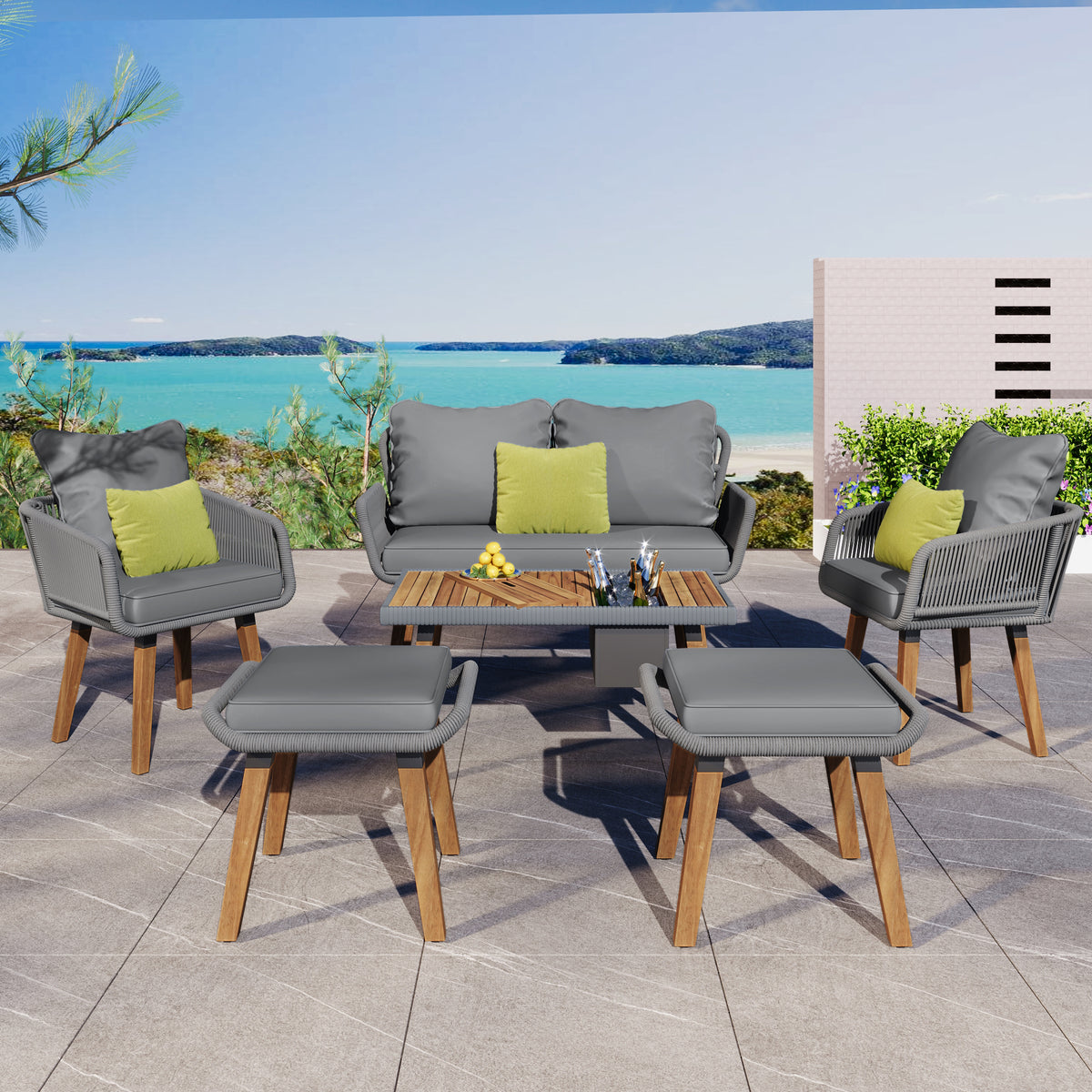 K&K 6-Piece Rope Patio Furniture Set, Outdoor Furniture with Acacia Wood Cool Bar Table with Ice Bucket , Deep Seat Patio Conversation Set with Two Stools for Backyard Porch Balcony (Grey) SK000005AAE-djyc