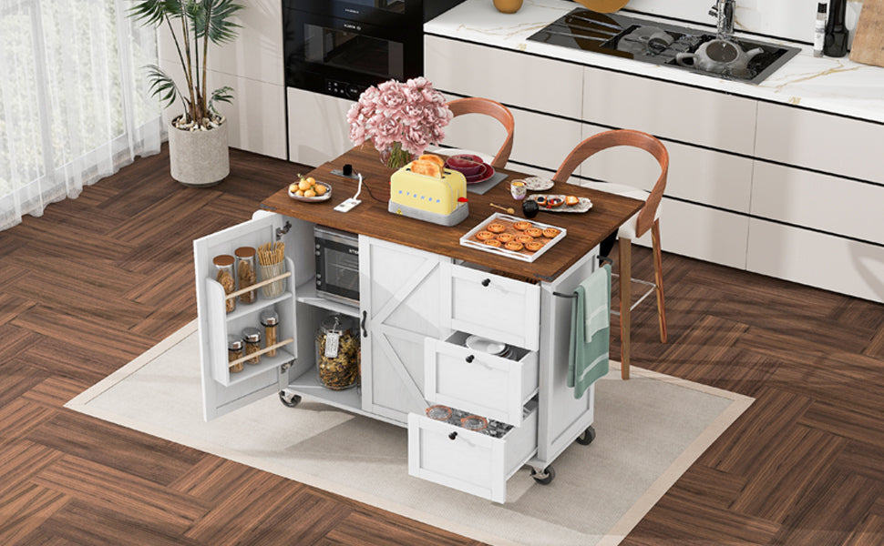 K&K 54.5" Farmhouse Kitchen Island with Power Outlet, Kitchen Storage Islandwith Internal Storage Rack, Drop Leaf, Spice Rack, Rolling Kitchen Cart on Wheels, for Home, Kitchen and Dining Room,White N707P170349W-djyc