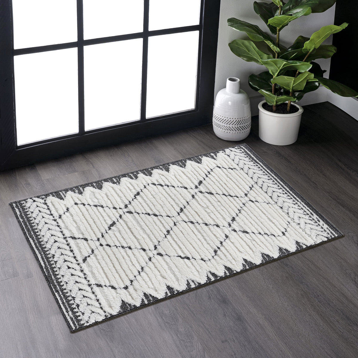 Step Collection High-Low Trellis Cream/Anthracite Indoor Area Rug, 2'x3', Modern, Contemporary, Geometric, Bohemian, Bedroom, Kitchen, Living Room, Doormat, Non Shedding Carpet-B189P448809