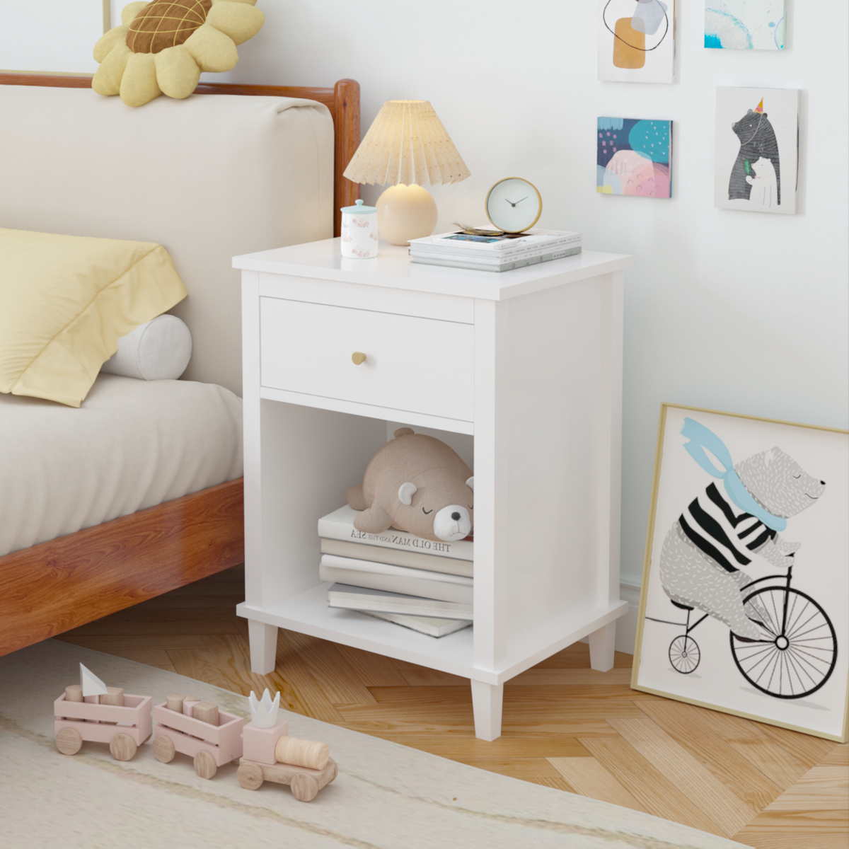 26.77''H Wooden Nightstand with One Drawer One Shelf for Kids, Adults, White W80859138-djyc