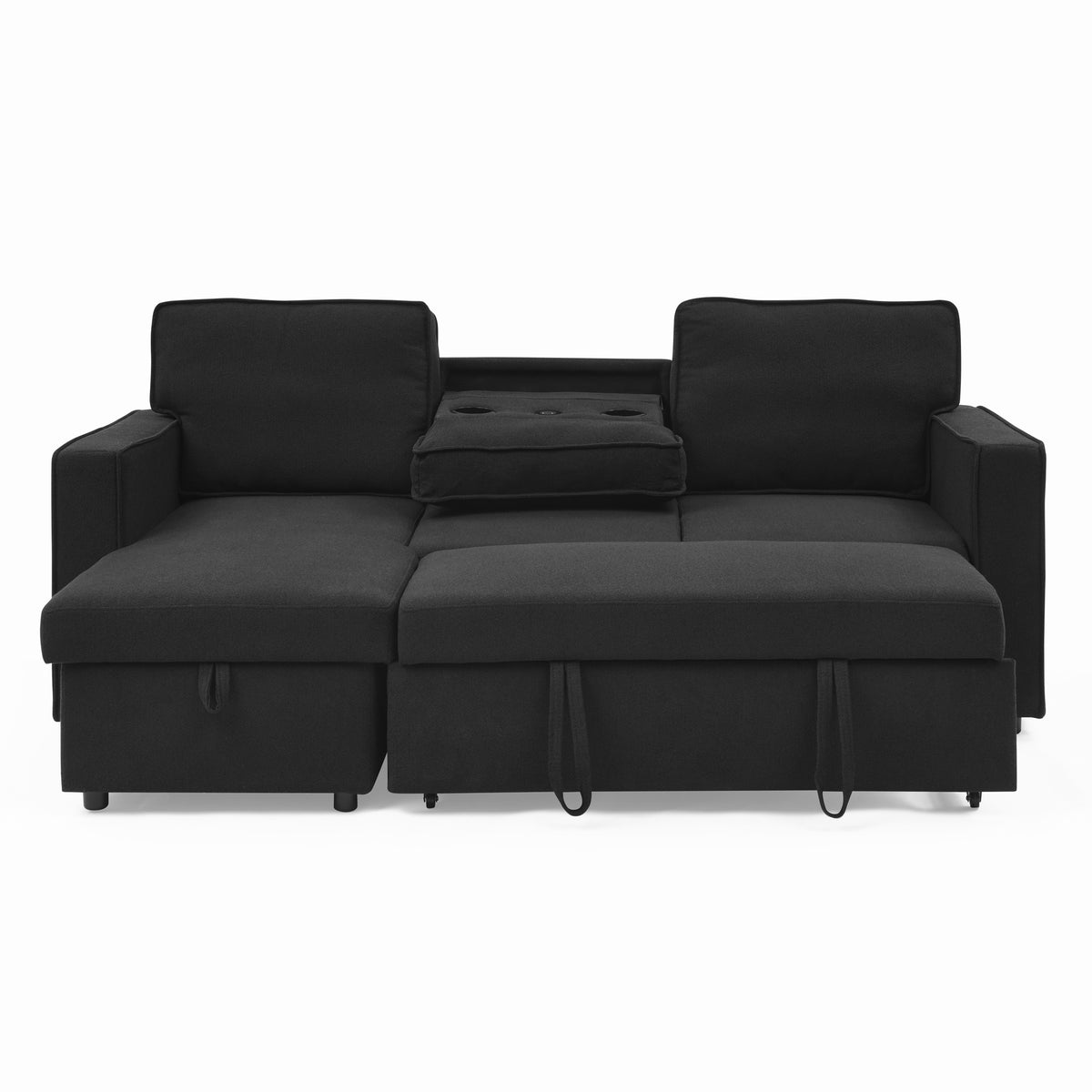 Linen Upholstered Sleeper Sectional Sofa, Shaped Modular Convertible Sofa with Storage Chaise,There are two cup holders in the middle and USB multi-interface function,Pull Out Sleep Couch Bed ,Black W487S00246-djyc