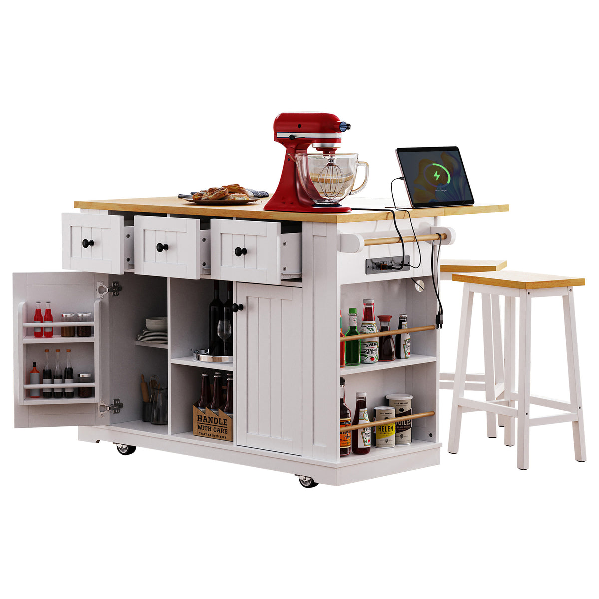 K&K 53inch Large Kitchen Island with 2 Bar Stools, Power Outlet,Door Internal Storage Rack, Kitchen Storage Cart on 5 Wheels with Drop Leaf, 5 Open Side Racks, 3 Drawers, for Kitchen,Dining Room,White N707S000007W-djyc