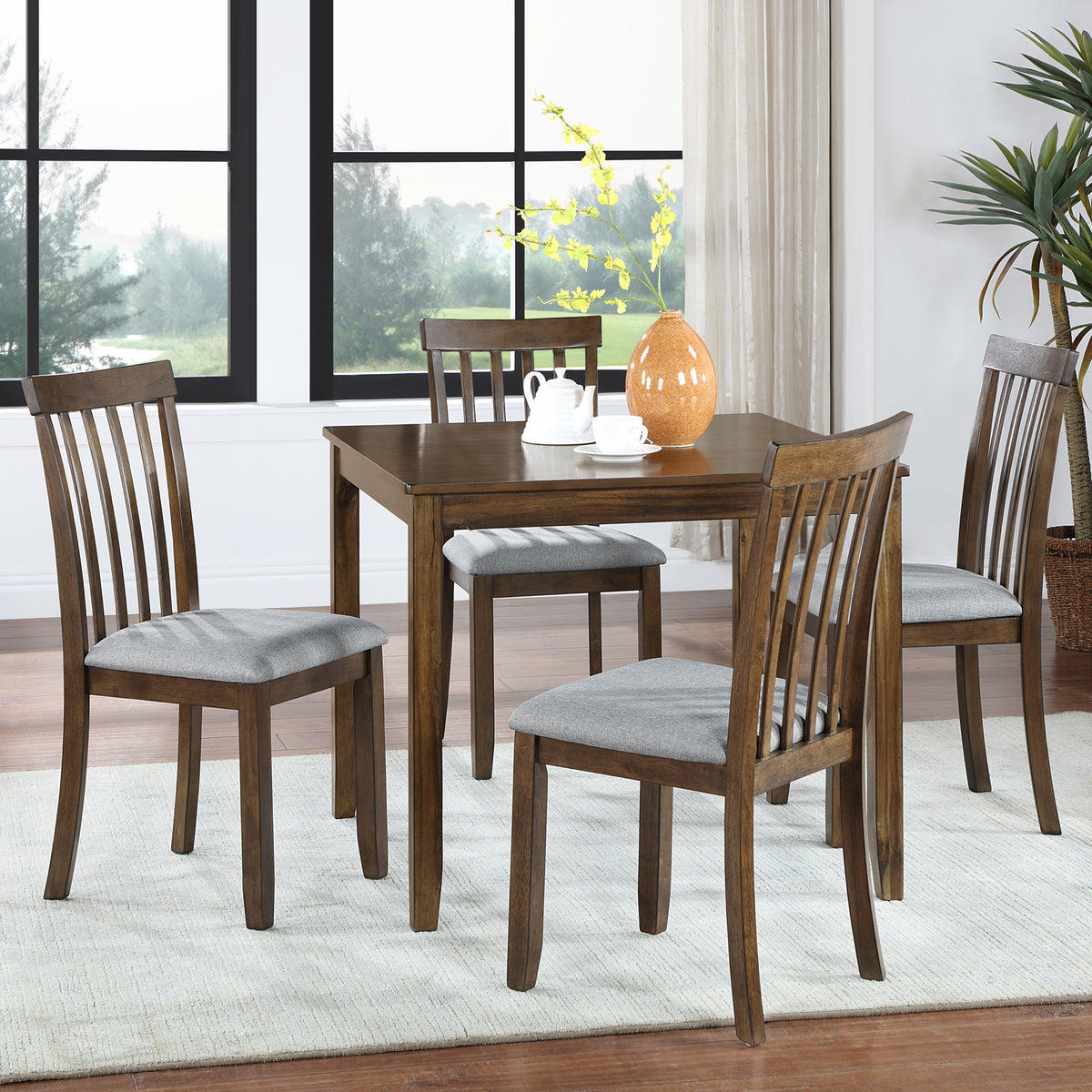 5 Piece Modern Dining Set, Square Wooden Dining Table with 4 Upholstered Chairs for Kitchen, Dining Room, Walnut W1998S00026-djyc