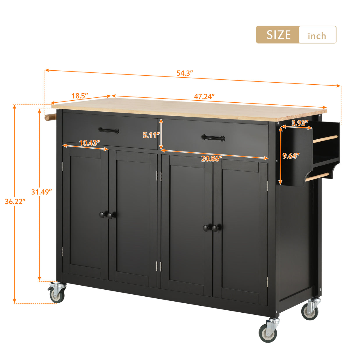 Kitchen Island Cart with Solid Wood Top and Locking Wheels,54.3 Inch Width,4 Door Cabinet and Two Drawers,Spice Rack, Towel Rack (Black) WF286911AAB-djyc