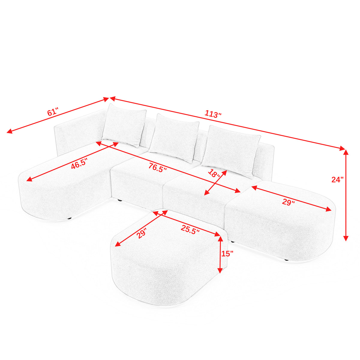 L Shape Sectional Sofa with Left Side Chaise and Ottoman, Modular Sofa, DIY Combination, Loop Yarn Fabric, Beige W487S00152-djyc