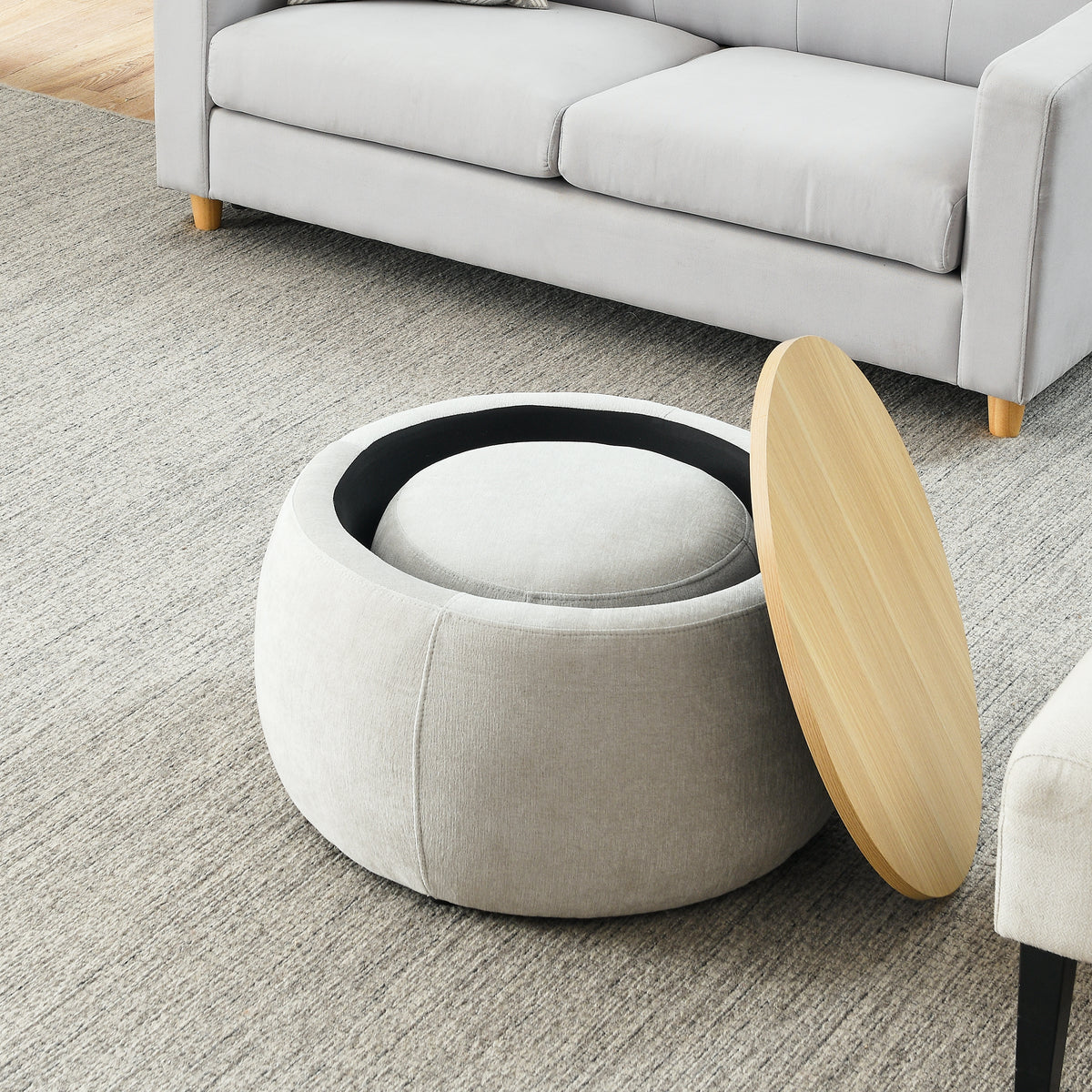 Round Storage Ottoman, 2 in 1 Function, Work as End table and Ottoman,with small seat,Light grey(25"x25"x14.7") W487P165699-djyc