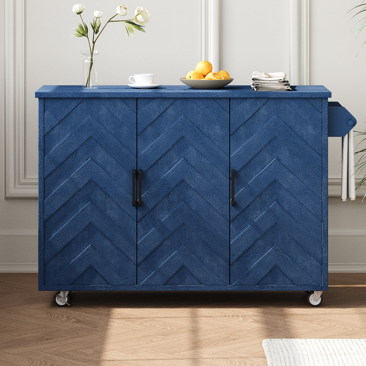 K&K 51.2"W 3D Wave Stripes Ash Veneer(Not Cheap Paper) Kitchen Island with Drop Leaf, Farmhouse Kitchen Island on Wheels with Internal Storage Rack, Rolling Kitchen Cart (Navy Blue) N707P207915E-djyc