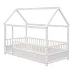 Twin Size Floor Wooden Bed with House Roof Frame, Fence Guardrails,White W1858123984-djyc