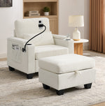 Single sofa recliner with manually adjustable backrest, USB charging port on the armrest side, phone stand included, hidden armrest storage, and a matching storage ottoman-Beige-W487P423650