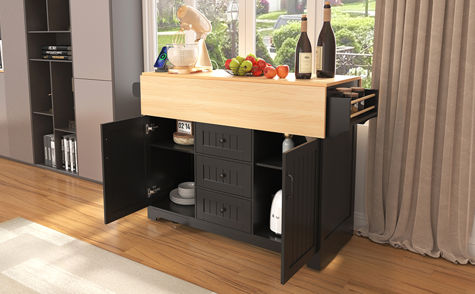 K&K 55.7'' Large Kitchen Island with 2 Drop Leaf,, Rolling Kitchen Cart on 5 Wheels with Power Outlet, Folding Storage Dining Table with Spice & Towel Rack , 3 Drawers, for Kitchen, Dining Room,Black N707P186617B-djyc