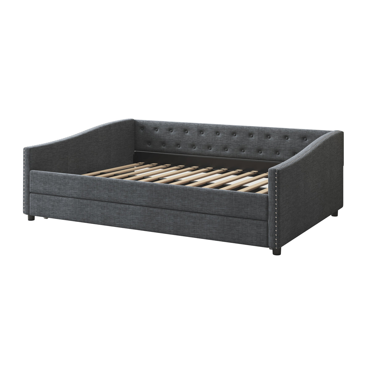 Full Size Daybed with Twin Size Trundle Upholstered Tufted Sofa Bed, with Button on Back and Copper Nail on Waved Shape Arms-Dark Grey W2336S00010-djyc