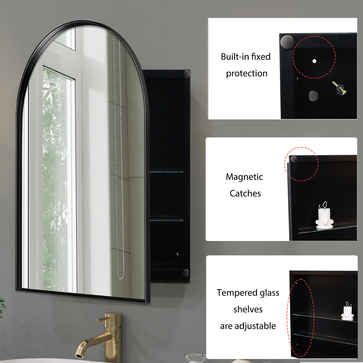 24x36 Inch Arched Recessed Medicine Cabinet, Metal Framed Bathroom Wall Cabinet with Mirror and Adjustable Shelves, Wall Mirror with Storage for Bathroom, Matte Black W1435P182919-djyc