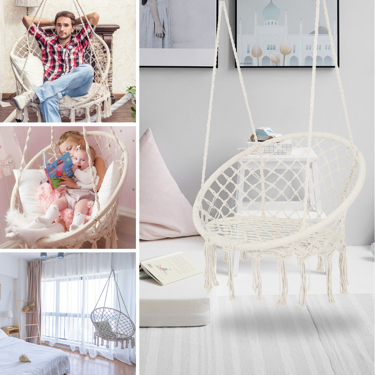 Hammock Chair Macrame SwingMax 330 Lbs Hanging Cotton Rope Hammock Swing Chair for Indoor and Outdoor W41917522-djyc