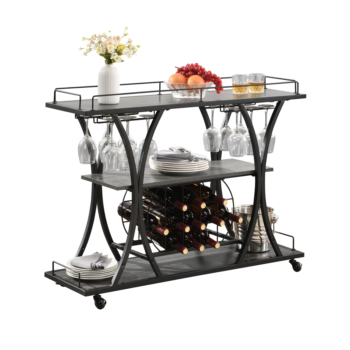 Industrial Bar Cart Kitchen Bar&Serving Cart for Home with Wheels 3 -Tier Storage Shelves W82151001-djyc