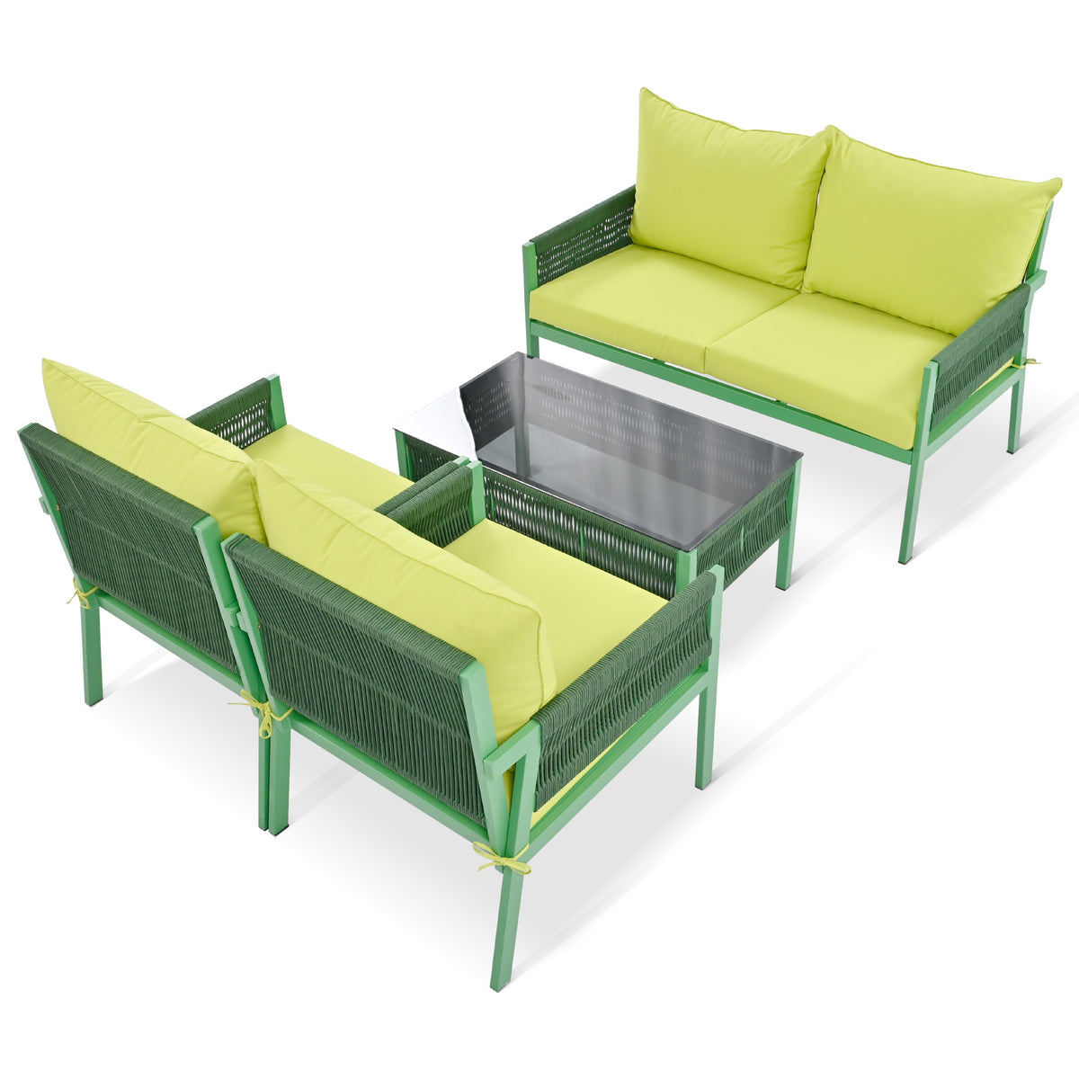 K&K 4-Piece Rope Patio Furniture Set, Outdoor Furniture with Tempered Glass Table, Patio Conversation Set Deep Seating with Thick Cushion for Backyard Porch Balcony (Fluorescent Yellow & Green) SK000003AAE-djyc