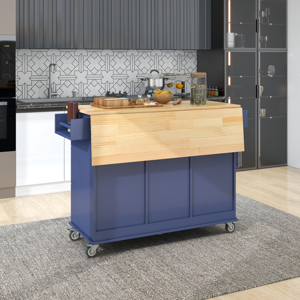 Rolling Mobile Kitchen Island with Drop Leaf - Solid Wood Top, Locking Wheels & Storage Cabinet 52.7 Inch Width(Dark blue) WF287035AAN-djyc