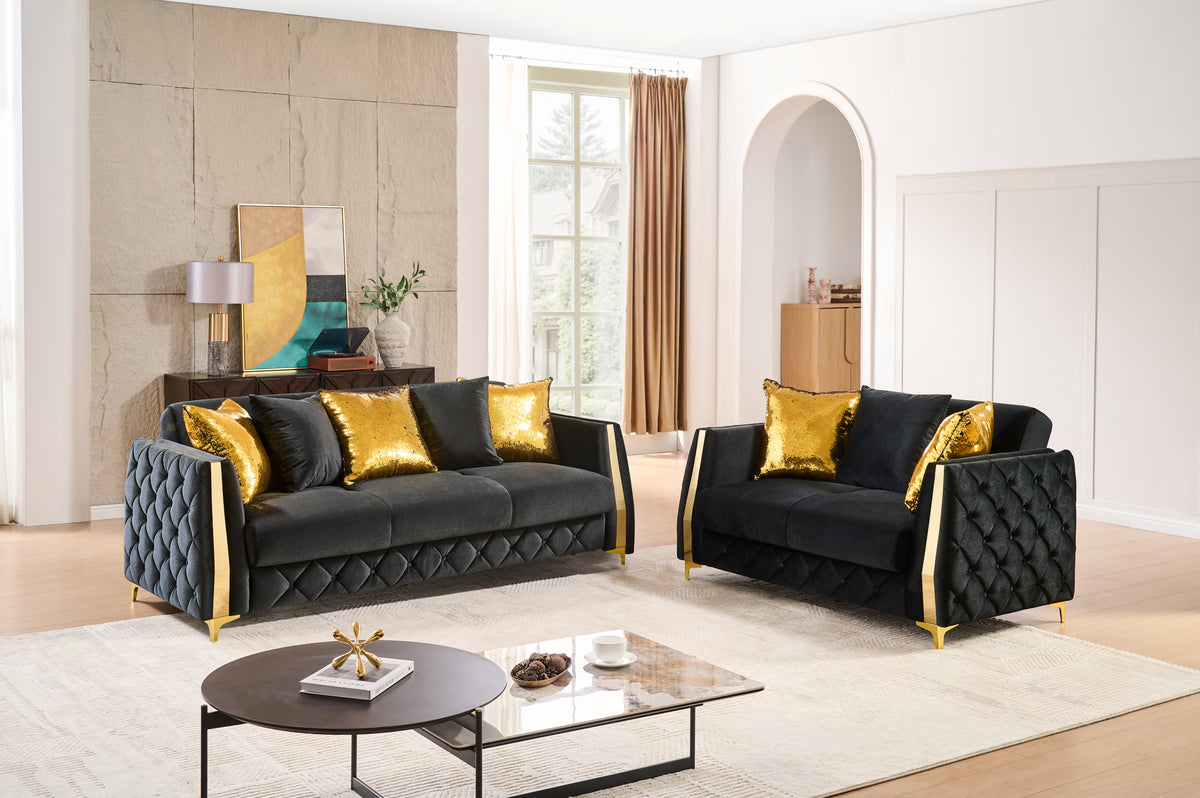 Lippa 2pc Upholstered Sofa and Loveseat Set in Black Fabric with Gold Stainless Steel Legs, Foam Cushioning and Sturdy Wood Frame-B009S02235