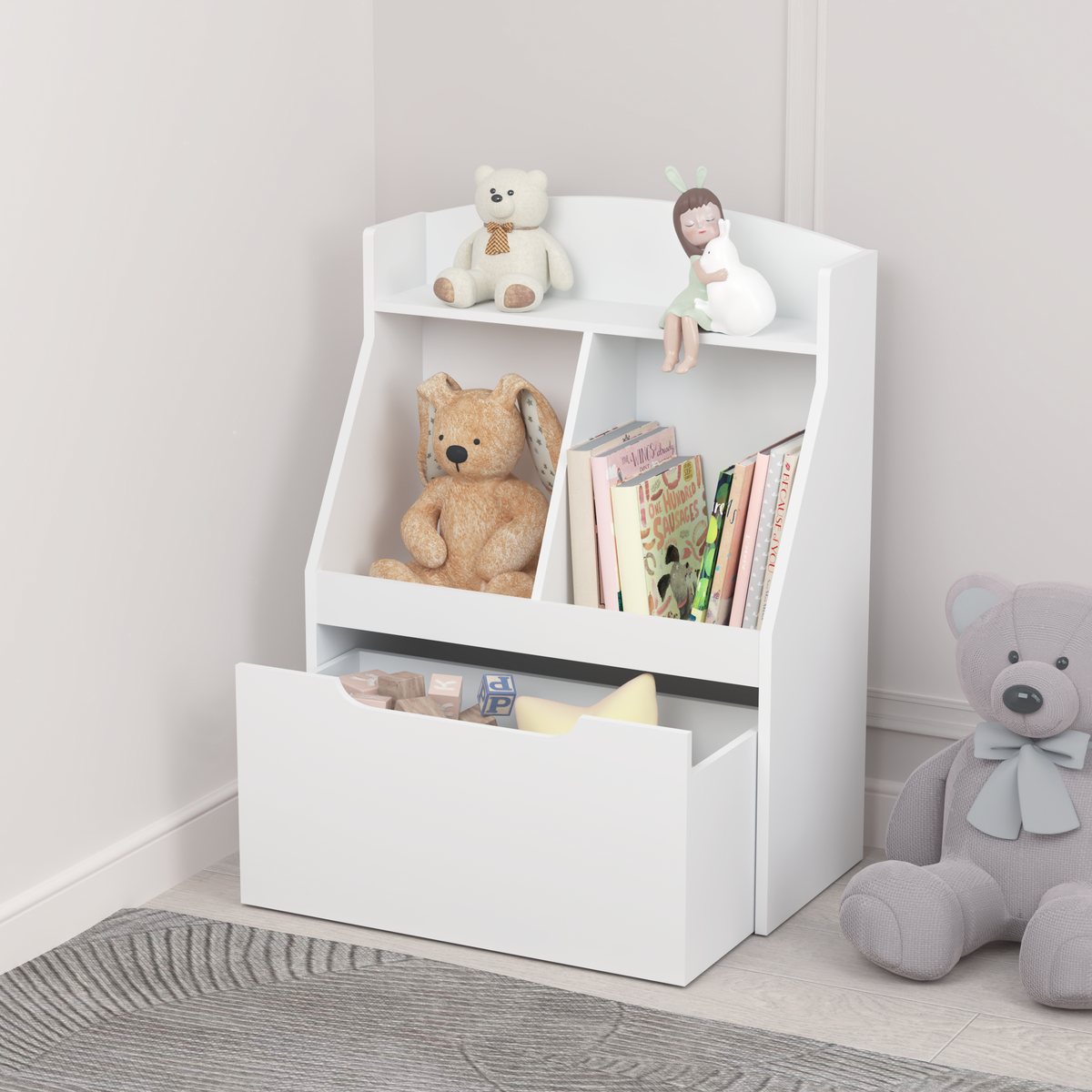 Kids Bookshelf with Drawer and Wheels, Children's Book Display,Wooden Bookcase, Toy Storage Cabinet Organizer, White W808119692-djyc