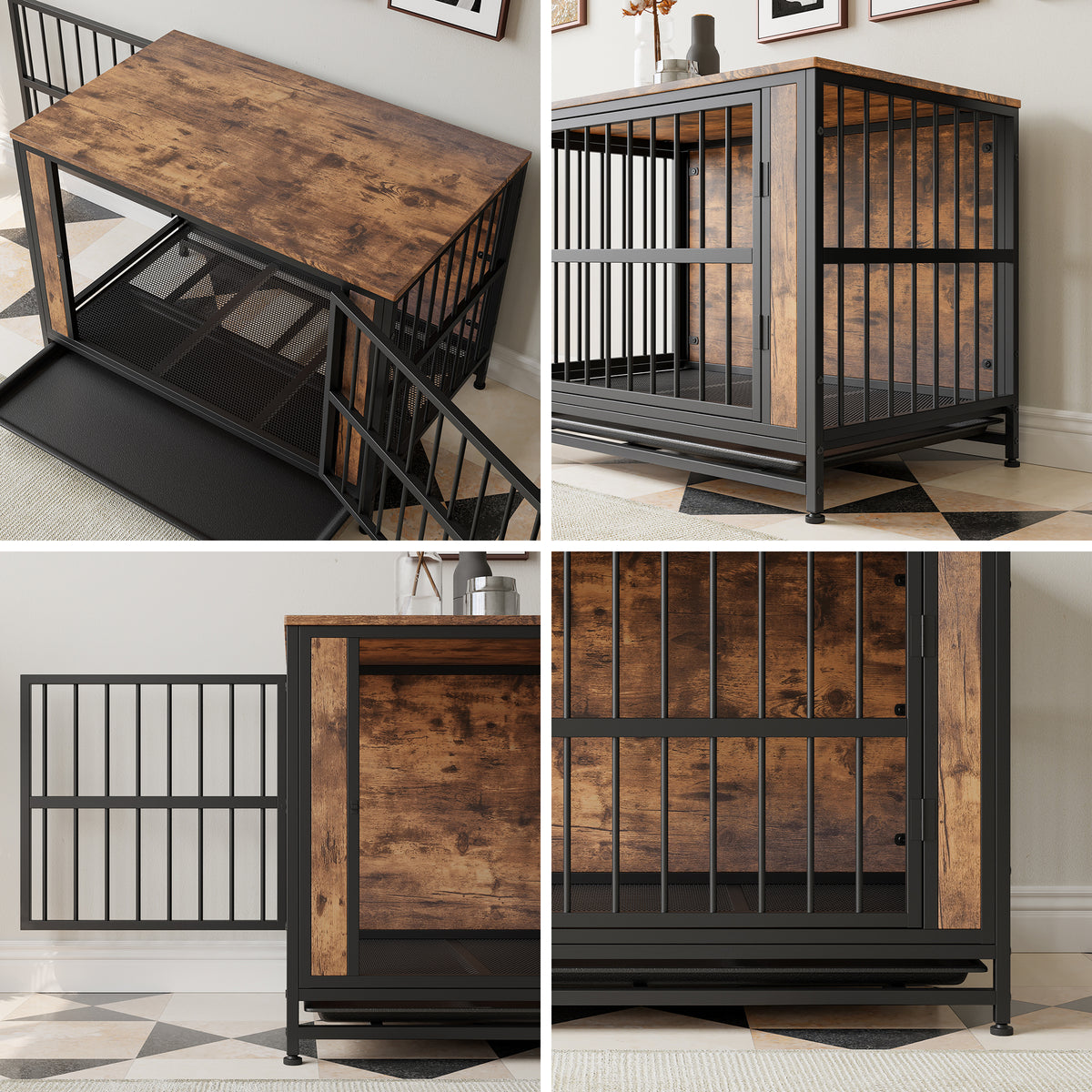 Dog Crate Furniture,Wooden Dog Crate Table, 38.9" Dog Kennel with 2 Sliding Doors and Thick Iron Door Frame, Decorative Pet Crate House for Large/Medium/Small Dog Indoor Use(Rustic Brown) W840P203068-djyc