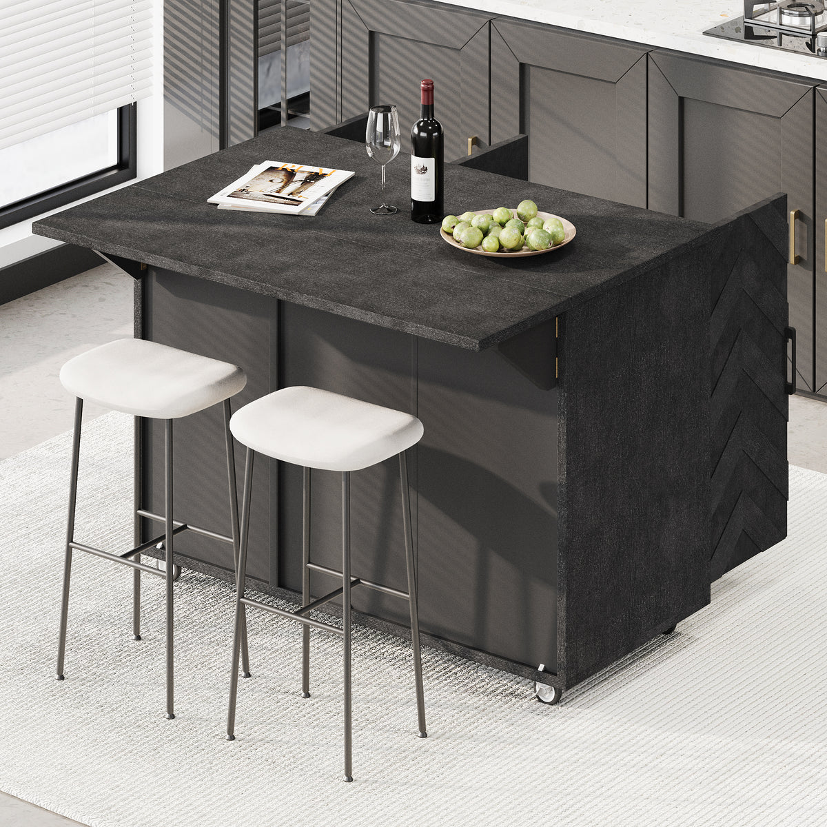 K&K 51.2"W 3D Wave Stripes Ash Veneer (Not Cheap Paper) Kitchen Island with Drop Leaf, Farmhouse Kitchen Island on Wheels with Internal Storage Rack, Rolling Kitchen Cart(Black) N707P207915B-djyc