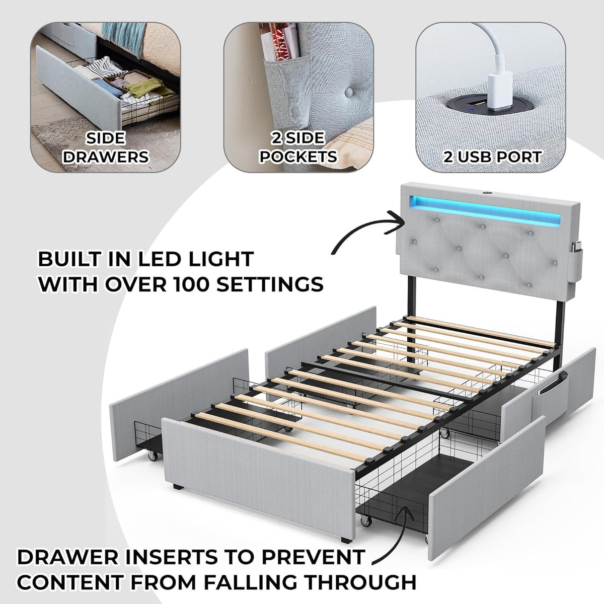 Twin Bed Frame with USB Charging Station & LED Lights, Twin Bed Frame with Headboard & 4 Storage Drawers W1960P175563-djyc