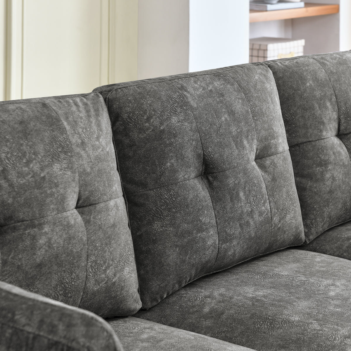 Sectional 3-Seaters Sofa ,Double-sided multi-functional footstool, storage mat , Non-slip leg, two pillows, Velvet, Dark grey W487S00236-djyc