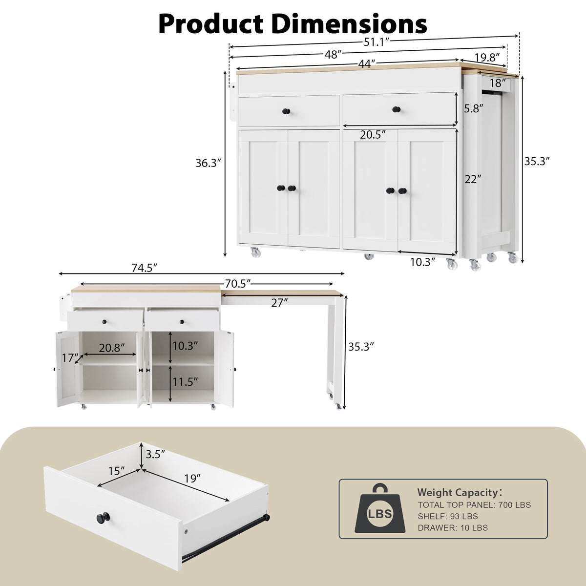 K&K 74.5 inch Kitchen Island with Extendable Dining Table , Rolling Kitchen Island on Wheels with Spice Rack and 2 Drawers,Kitchen Storage Cart with 4 Door Cabinet, for Kitchen, Dining Room, White N707S000009W-djyc