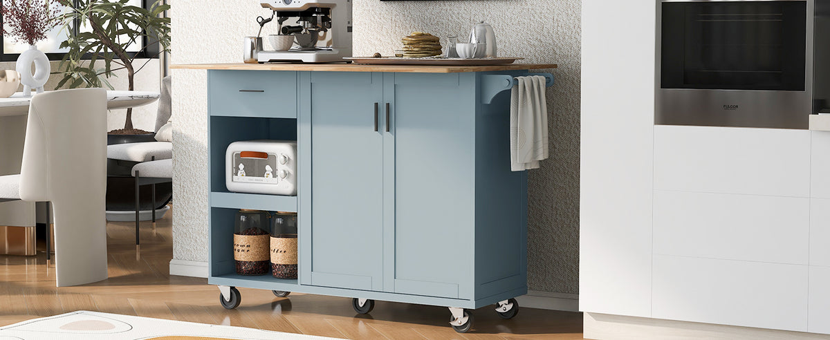 K&K Kitchen Island with Foldable Counter Top, Kitchen Storage Cart with Slide-Out Shelf, Towel Rack and Drawer, Rolling Kitchen Cart on Wheels, for Kitchen, Living Room, Dining Room, Grey Blue N707P173036G-djyc