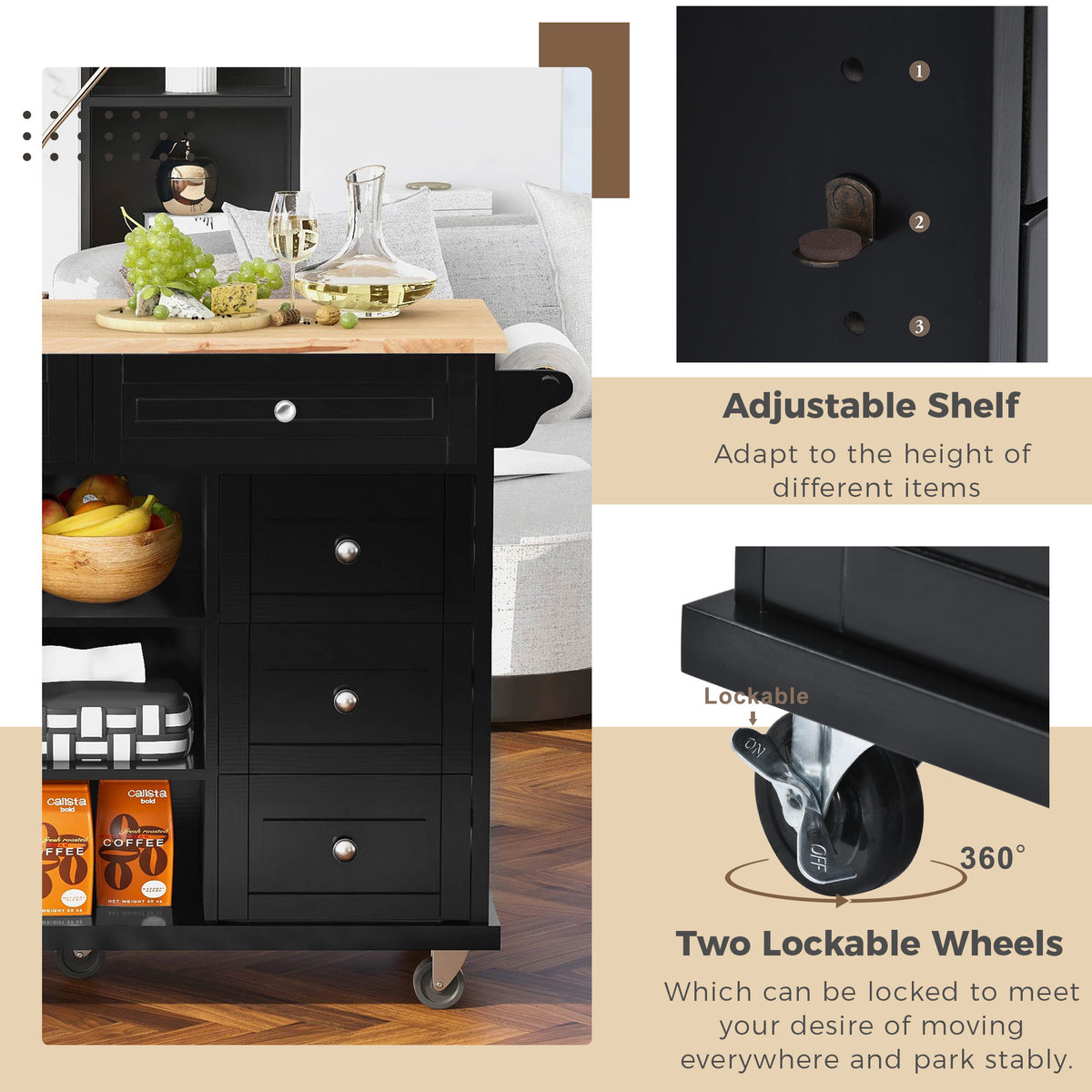 Kitchen cart with Rubber wood desktop rolling mobile kitchen island with storage and 5 drawers 53 Inch length (Black) WF297003AAB-djyc