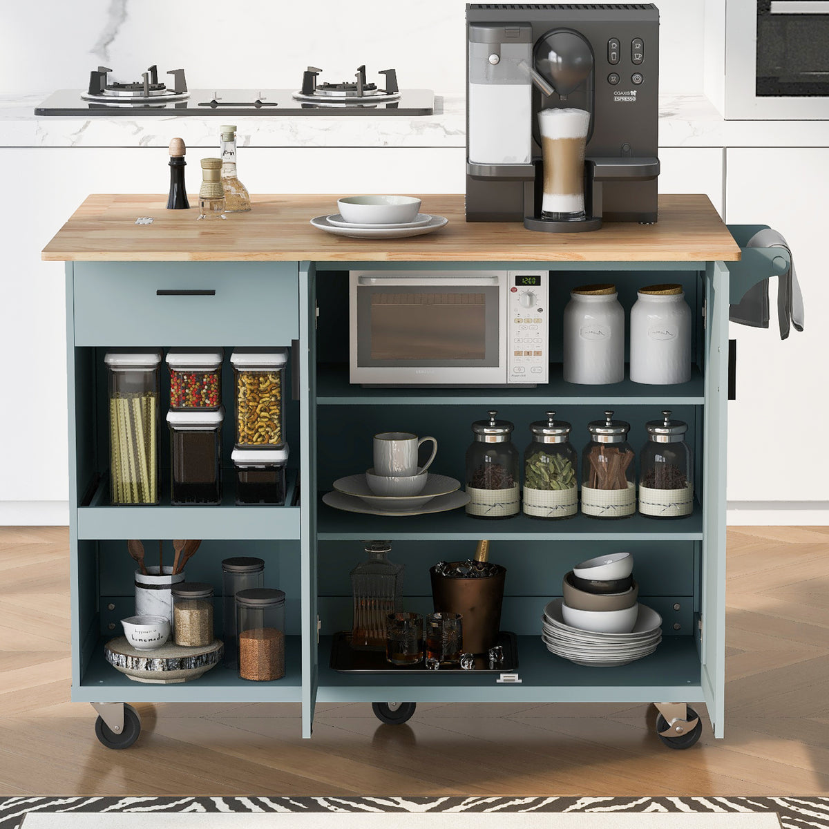 K&K Kitchen Island with Foldable Counter Top, Kitchen Storage Cart with Slide-Out Shelf, Towel Rack and Drawer, Rolling Kitchen Cart on Wheels, for Kitchen, Living Room, Dining Room, Grey Blue N707P173036G-djyc