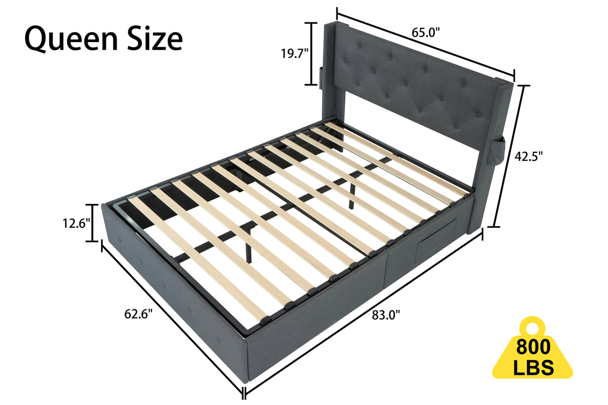 Queen Size Bed Frame with Storage - Lift Up Storage Bed with Modern Wingback Headboard, USB Ports W1960S00006-djyc